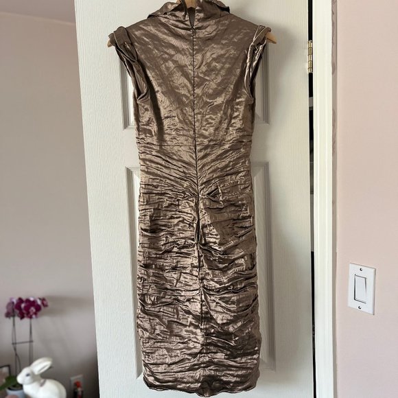 Nicole Miller | Ruched rose-gold metallic cocktail dress w/cap sleeves - Picture 6 of 16